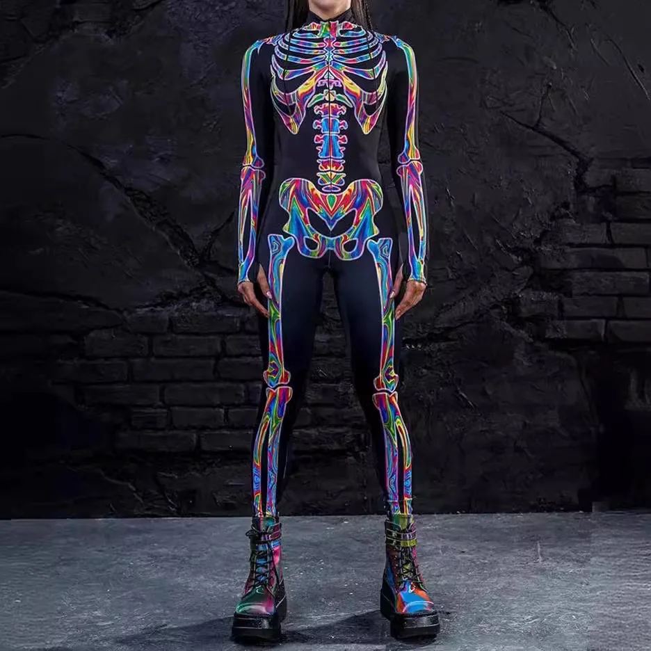

Women Mechanical Armor Robot Print Bodysuit Skeleton Cosplay Punk Zentai Jumpsuit Costume Halloween Party Performance Sexy Suits