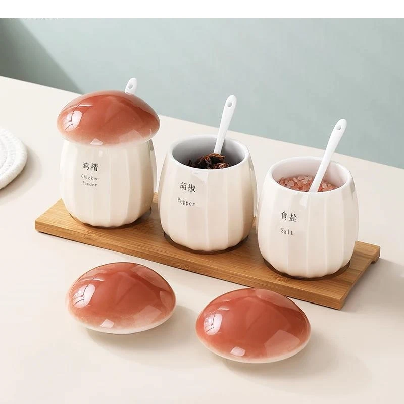 Cute Mushroom Shape Spice Jar Set Ceramic Three-piece Salt Sugar Pepper Storage Home Kitchen Decoration Seasoning