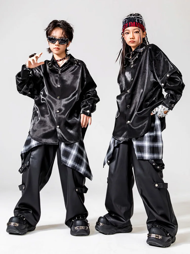 Boys Black Shiny Shirt Street Dance Leather Pants Girl Hip Hop Streetwear Kids Children Jazz Costume Clothes Sets