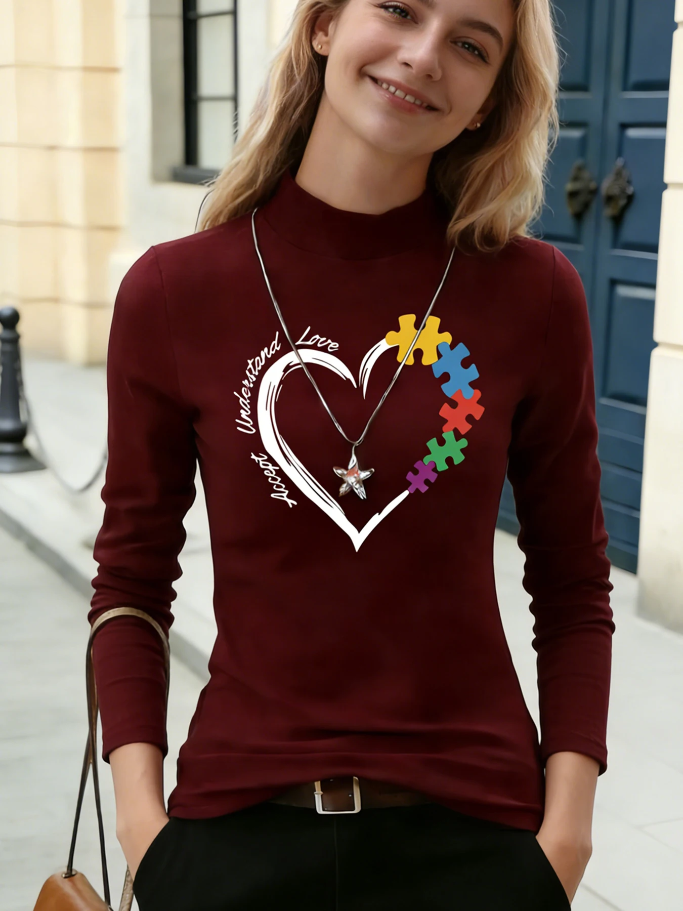 Damen-Oberteil mit Stehkragen und langen Ärmeln, rotes Herz, „I Love You“-Aufdruck, lässige Bluse, Basic-T-Shirt für den Alltag, weiche Oberteile für Frühling und Herbst