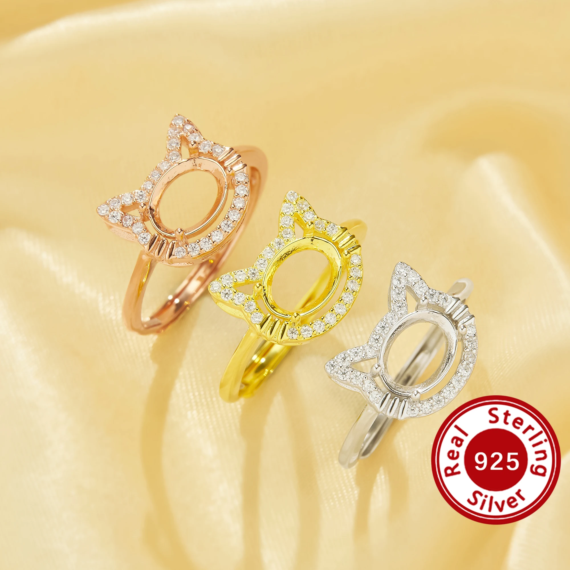 6x8MM Halo Oval Cat Prong Ring Settings Solid 925 Sterling Silver Rose Gold Plated Ring Bezel DIY Supplies 1224117