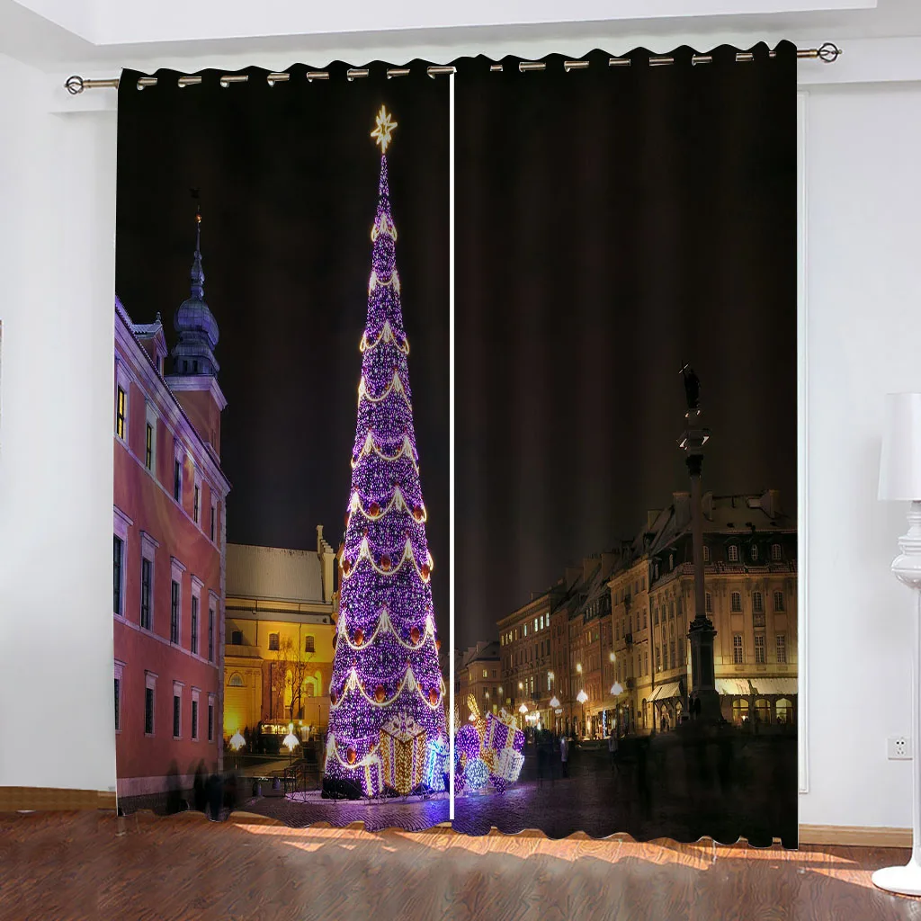 

HUANZHUANG Thermal Curtains Eyelet Print Pattern City Street Scene Christmas Tree Thermal Insulated Blackout Curtains For Window