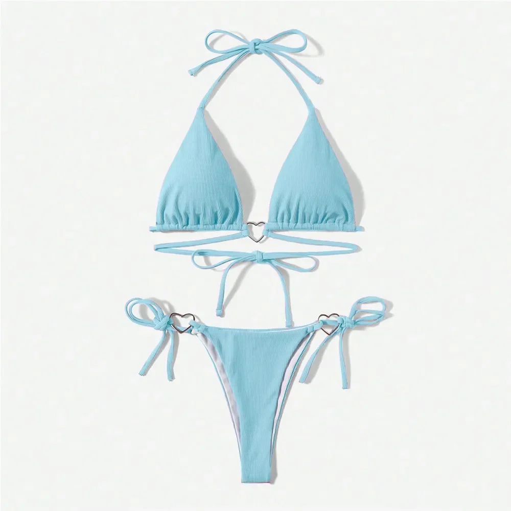 Sexy Light Blue Swimwear Triangle Halter String Micro Bikini Thong Swimsuit Women 2025 Heart Ring Bathing Suit Bikinis de Mujer