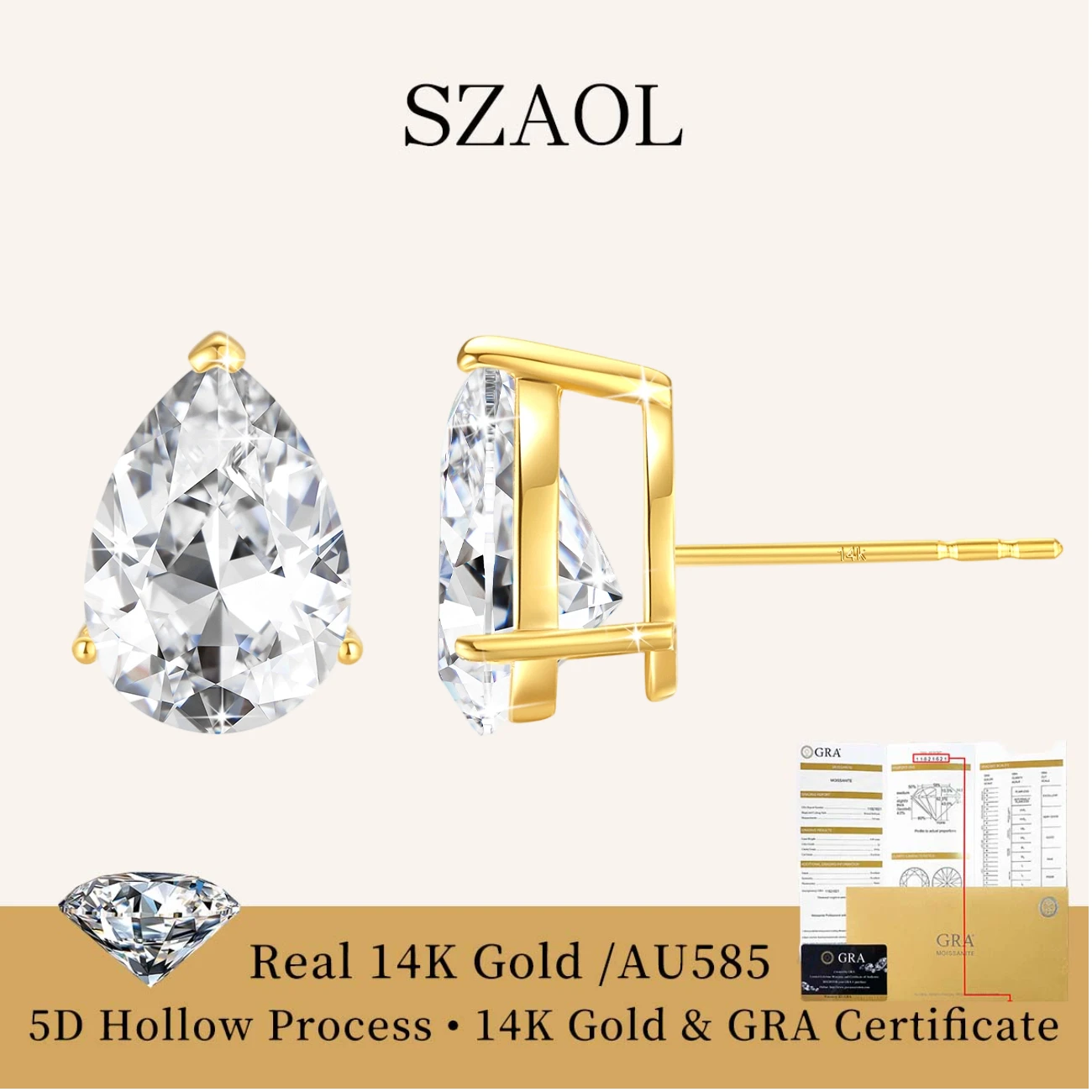 

Real 14k Gold Certificate 1ct 2ct Pear Cut Moissanite Stud Earrings VVS AU585 Water Drop Diamond Earring Jewelry Valentines Gift