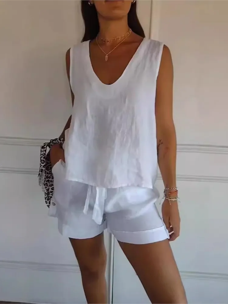 

Fashion Sleeveless Solid Vest Top For Women Casual Sexy V Neck Backless Lace Up Pullover Tops Lady Summer Holiday Clothes New