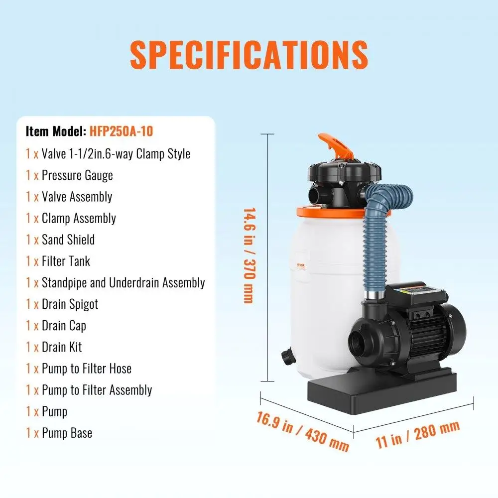 10 Sand Filter Pump for Ground Pools - 1585 GPH, 0.33 Multi-Port & Gauge, Ideal for Home & Commercial Use