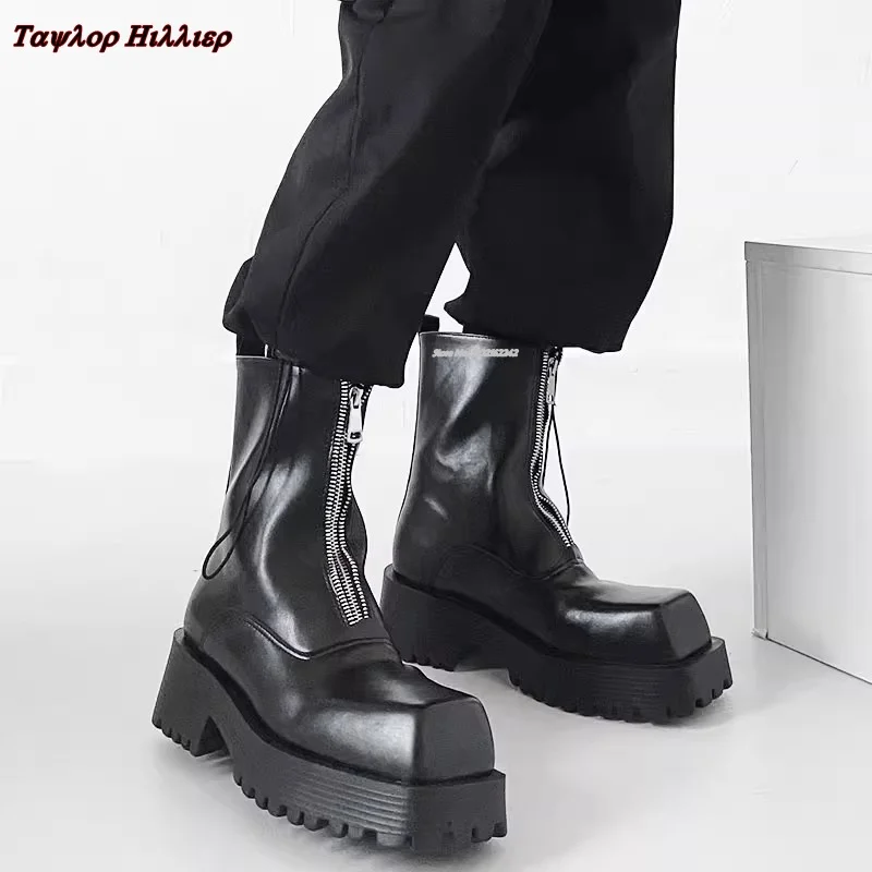 

Autumn New Cool Square Toe Leather Couple Short Boots Fashion Catwalk Front Zipper Thick Bottom High Chelsea Boots Women Winter