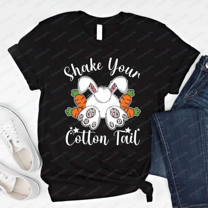 Lustiges Mode-Oster-T-Shirt „Shake Your Cotton Tail“ mit Karotten- & Leopardenhasen-Print – Lässiges Frühlings-Feiertags-Oberteil für Damen und Herren im Trend