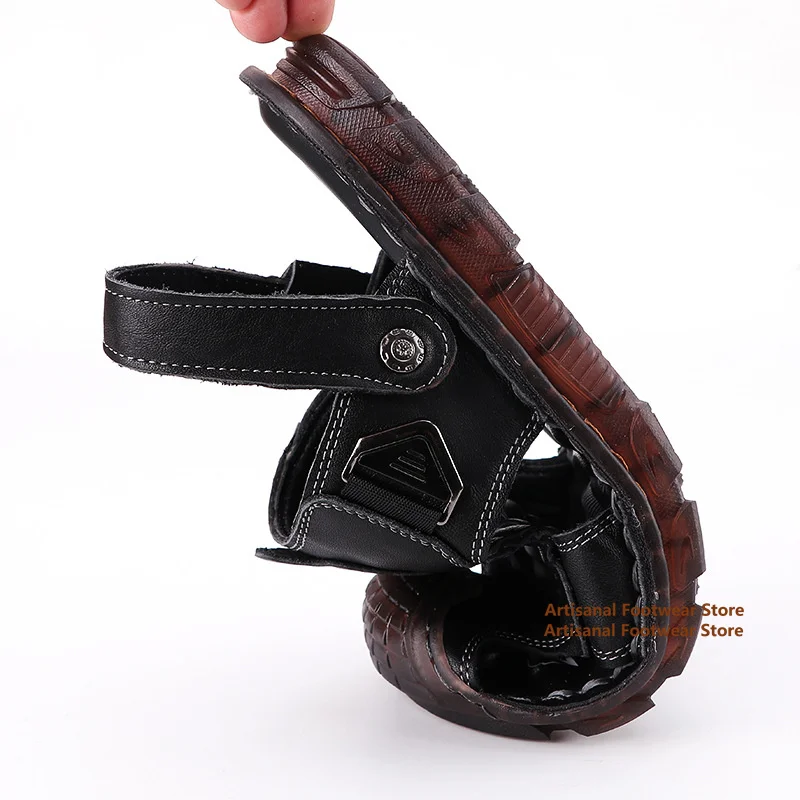 Men's Closed-Toe Leather Sport Sandals Adjustable Strap Outdoor Hiking Shoes Men's Sandals Breathable Non-Slip Men's Shoes