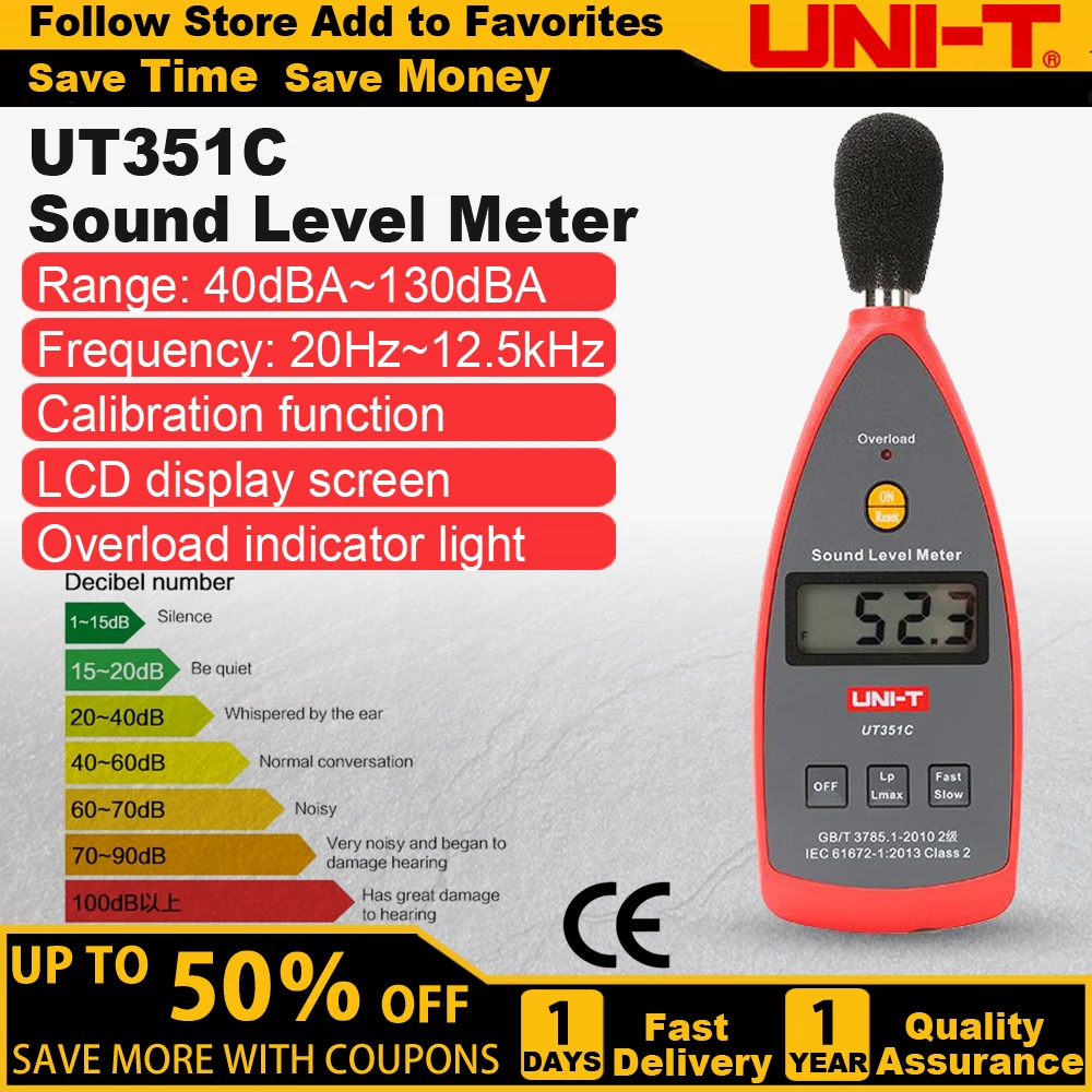 

UNI-T UT351C 40dBA~130dBA Noise Meter Digital Sound Level Measurement Volume Decibel Meter Noise Test Detector