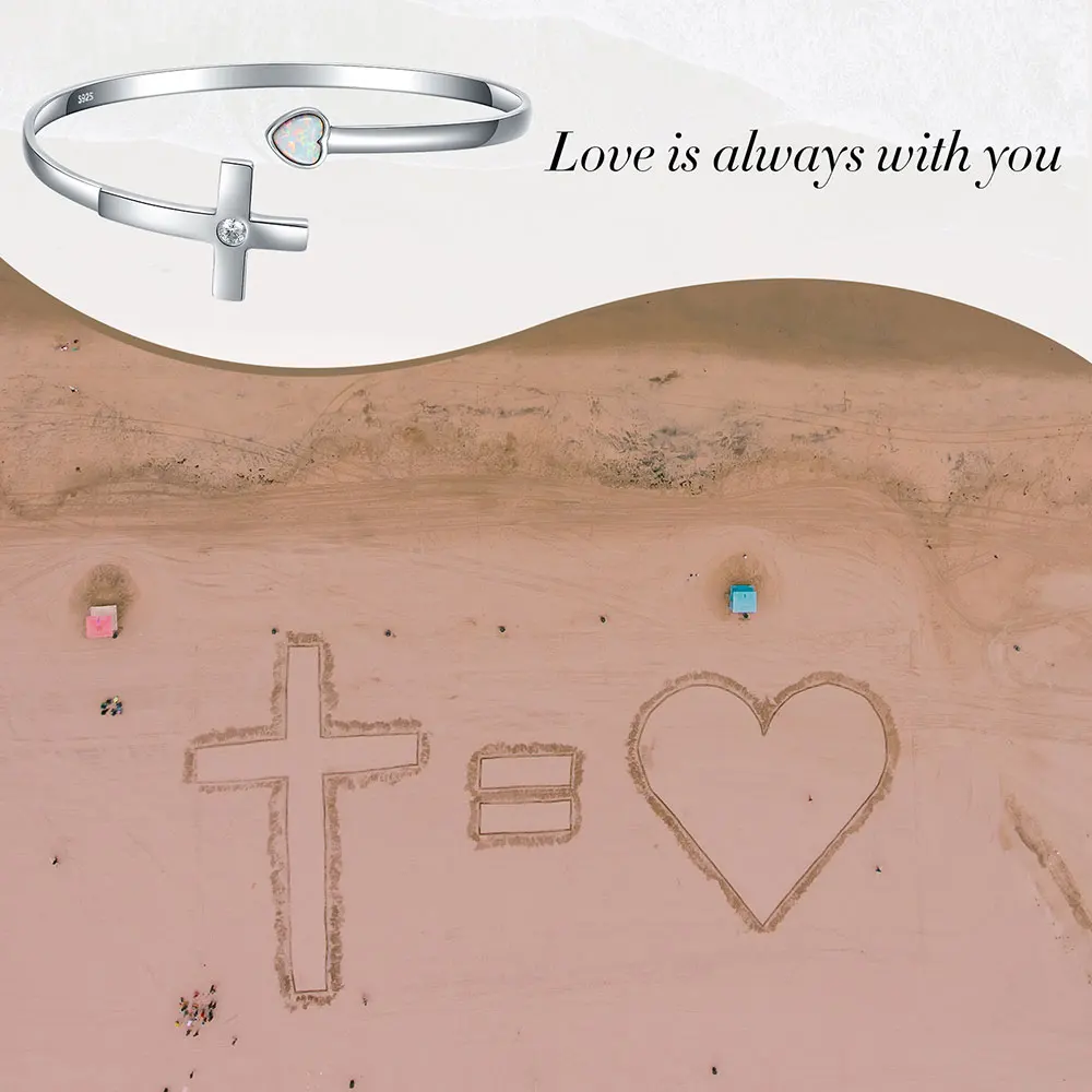 925 Sterling Silver Cross Christian Opal Heart Bangle Encouragement Religious Jewelry Inspirational Bracelets for Women Gifts