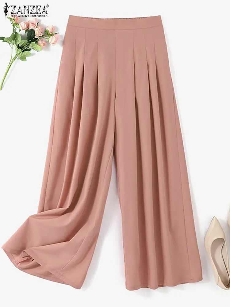 ZANZEA Autumn Women Wide Leg Pants Elegant High Waist Solid Pantalon Trousers Causal Loose Work Holiday Palazzo Female Long Pant