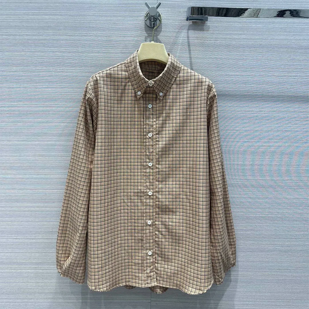 

2024 New Spring Autumn Preppy Style Khaki Small Plaid Shirt Women Lapel Long Sleeve Single Breasted Loose Casual T-shirt