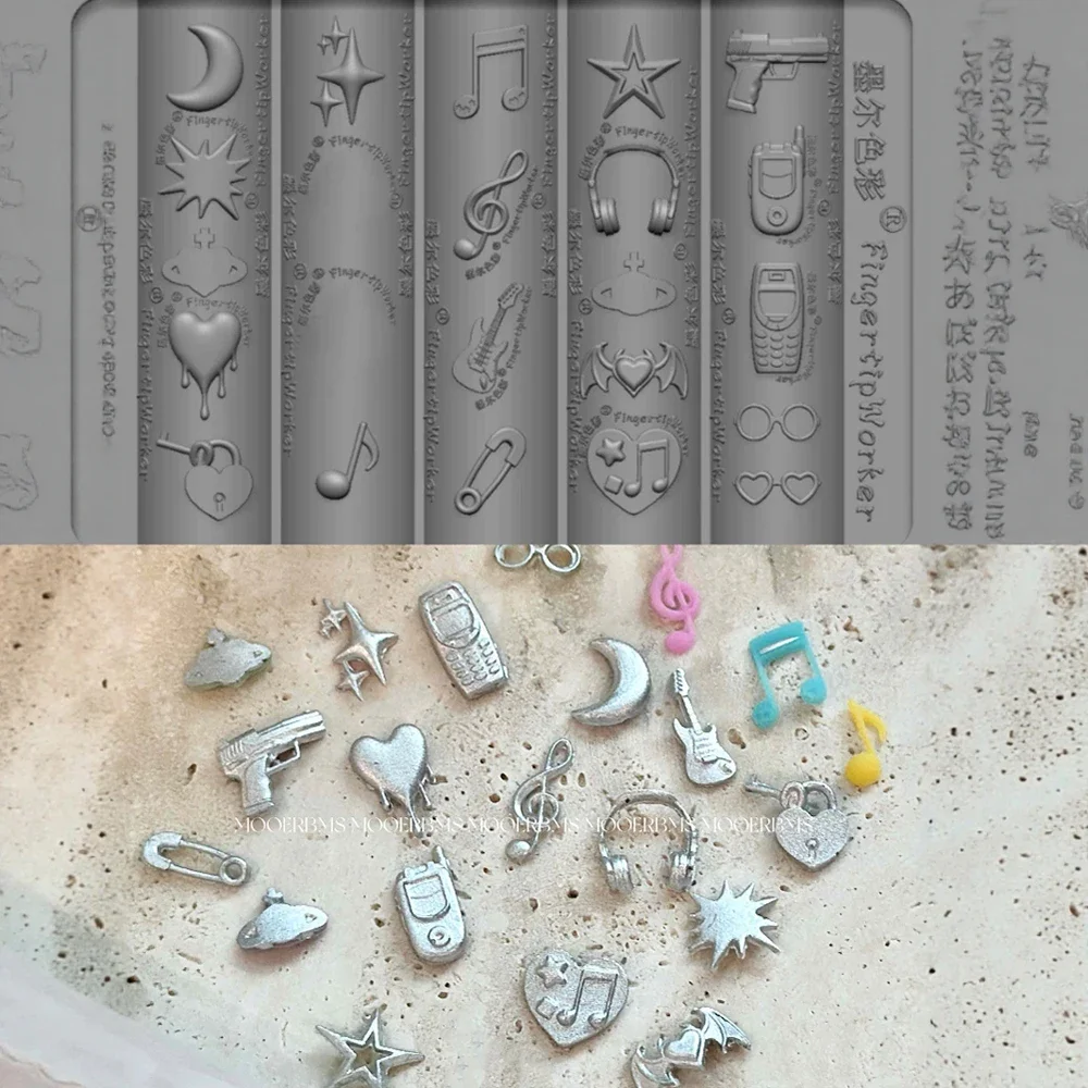 

Sweet Cool Punk Music Silicone Nail Art Carving Mold Decora Y2K Musical Notes Guitar Phone Headphones Star Glasses Manicure Mold