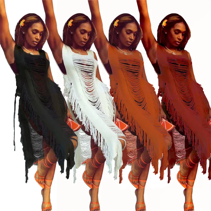 XXL Seksowna Prześwitująca Sukienka Plażowa z Frędzlami i Rozcięciem na Boku Dzianinowa Damska Ażurowa Sukienka na Bikini Szydełkowa Letnia Damska Bluzka Boho Strój Kąpielowy