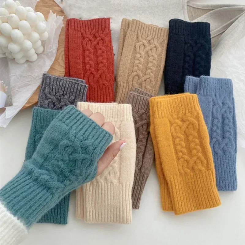 Men Women Stretch Acrylic Knit Stripe Fingerless Mitten Student Couple Winter Warm Twist Flower Half Finger Solid Glove Amagi