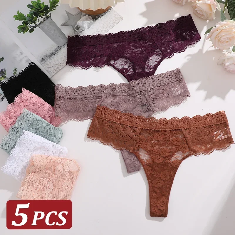 5Pcs Frauen Spitze Thongs Sexy Low-Rise Briefs Sexy Weiche Damen Unterwäsche Trendy Floral Unterhose Weibliche Blumige Panty dessous