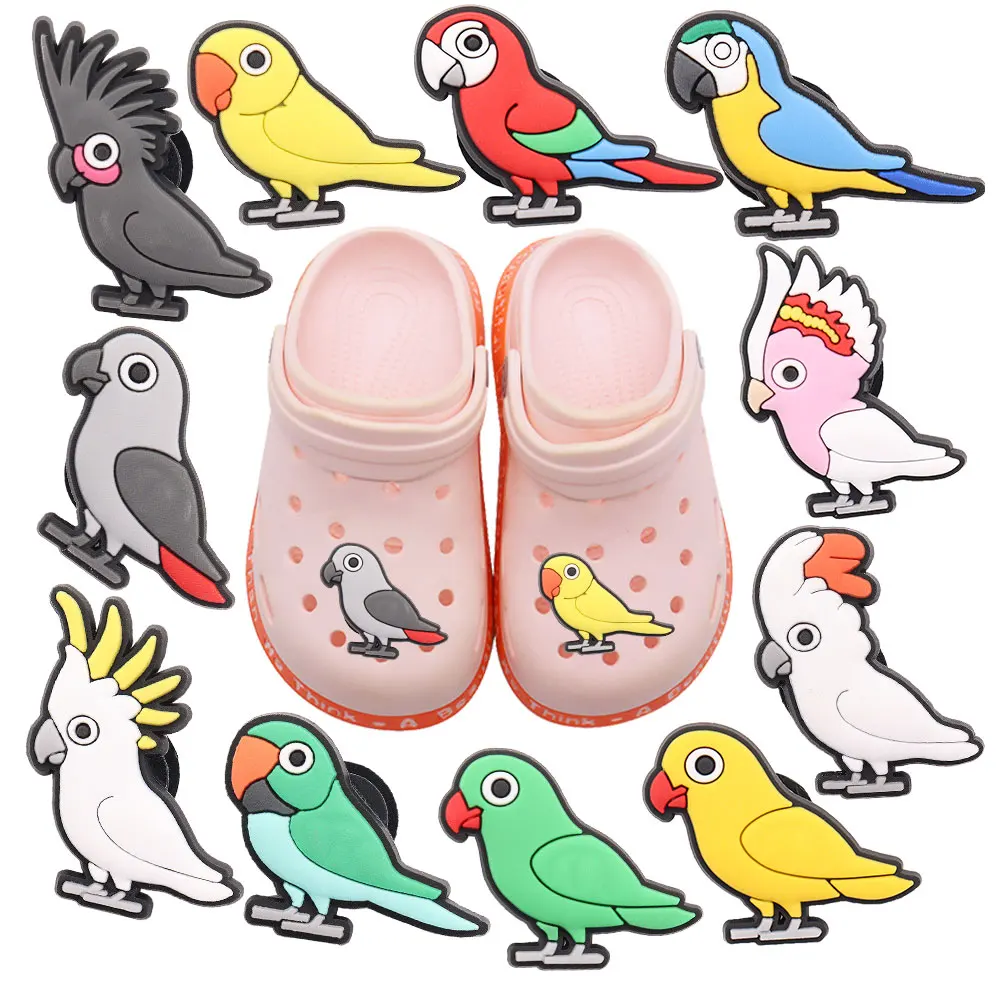 Mix 50pcs PVC Cartoon Kawaii Animal Colorful Bird Parrot Sandals Shoe Charms Accessories Designer Decoration DIY Buckle Clog