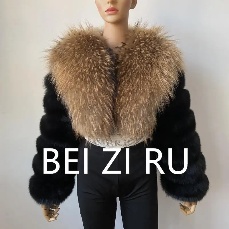 New Fur Coat Women Cropped Luxury Real Silver Fox Fur Jacket Fashion Warm Custom Natural Raccoon Fur Winter