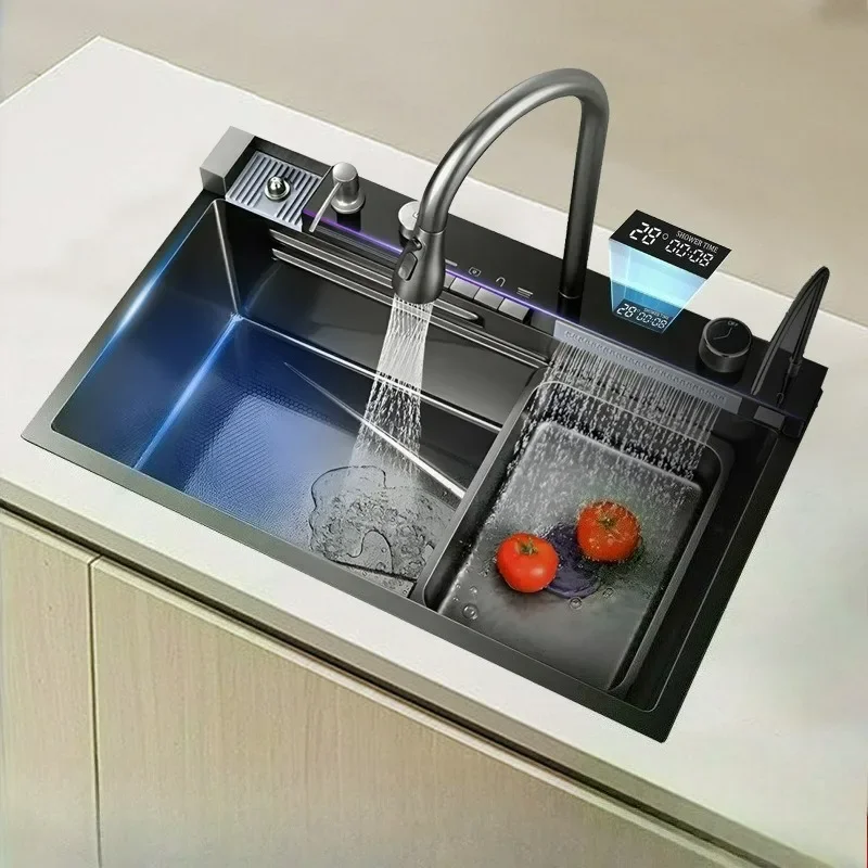 

Luxury Smart Kitchen 304 Stainless Steel Waterfall Sink Multifunction Digital Display Waterfall Faucet Soap Dispenser Cup Washer