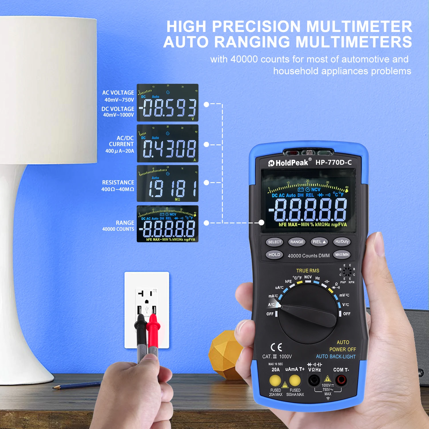 HoldPeak LCD Digital Multimeter,40000 Counts True RMS Auto Range Multimetro Measure, AC DC Ohm Volt Amp Capacitor Tester,770D-C