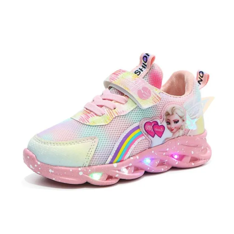 Nuove scarpe da ginnastica Casual a LED per ragazze primaverili Frozen Elsa Princess Print scarpe da esterno scarpe sportive antiscivolo illuminate