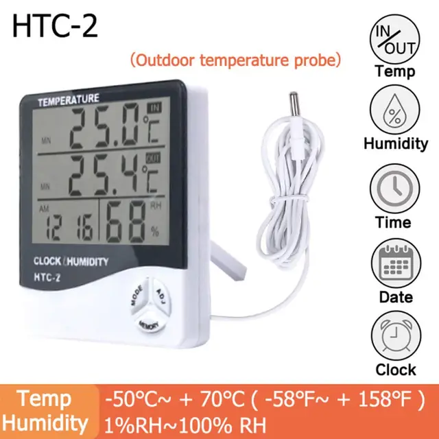 HTC-2 HTC-1 LCD Elektroniczny cyfrowy miernik temperatury i wilgotności Termometr domowy Higrometr Wewnętrzna zewnętrzna stacja pogodowa Zegar