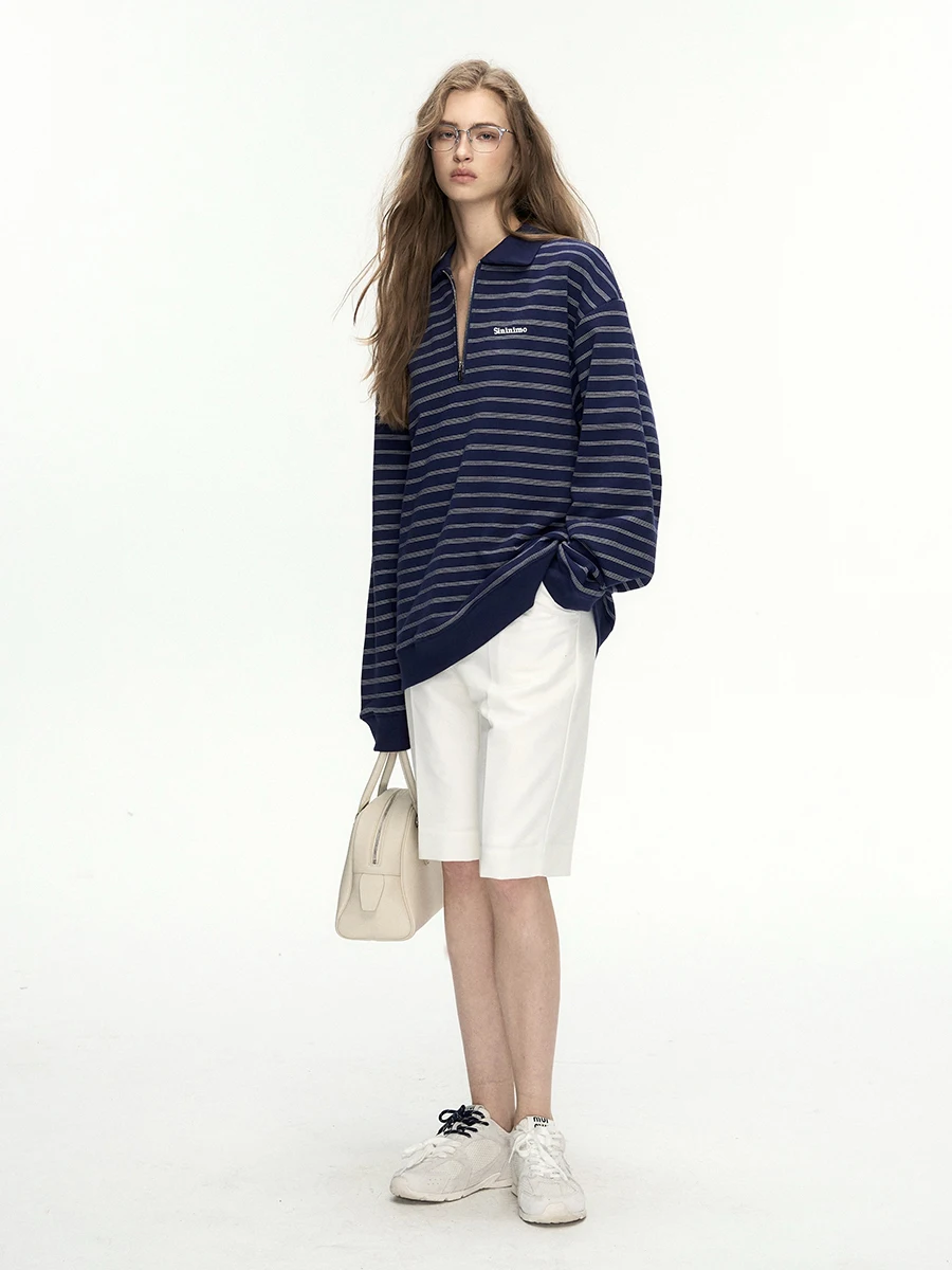 

DeeSicile X SiniNimo Zipper f Open Collar Pure Cotton Long Sve Striped T-irt Casual American Sle irt