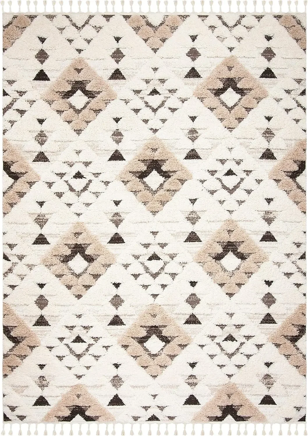 Moroccan Tassel Shag Collection Area Rug - 8' x 10', Ivory & Brown, Design, Non-Shedding & Easy Care, 2-inch Thick Ideal for Hig