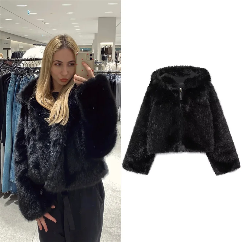 

Women's Jacket 2025 Autumn/Winter New Style Black Long-Sleeve Faux Fur Hooded Jacket Fashionable and Warm