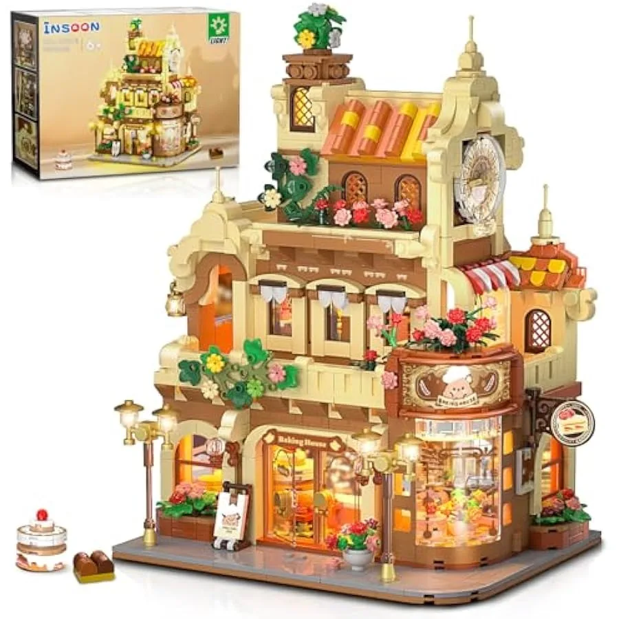 City Bakery Cafe House Building Set with Light 1289 PCS Baking Shop Building Block Toy with Coffee Cake Bread Bakery Room Pastr