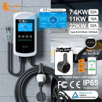 Feyree 22KW 32A Type2 elektrikli araç şarjı 11KW 3P EVSE Wallbox 7.6KW 1P 4.3 inç Ekran Yeni Akıllı APP Kontrolü Şarj İstasyonu Araç Şarj Cihazı