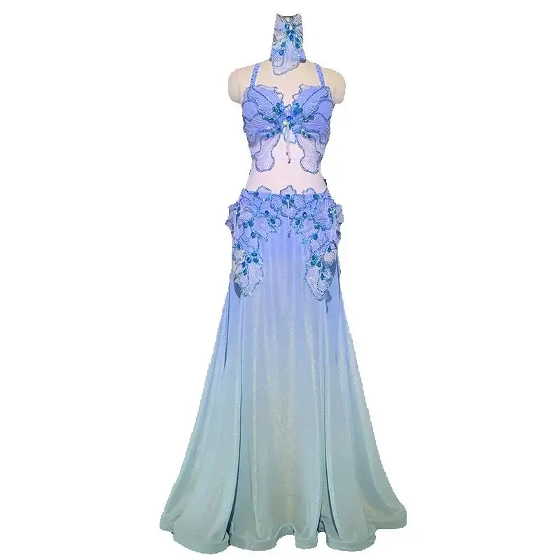 2026 벨리댄스 맞춤형 라인스톤 브라 메쉬 패치워크 스커트 세트 여성용 오리엔탈 인도 드럼 댄스 대회 무대 의상