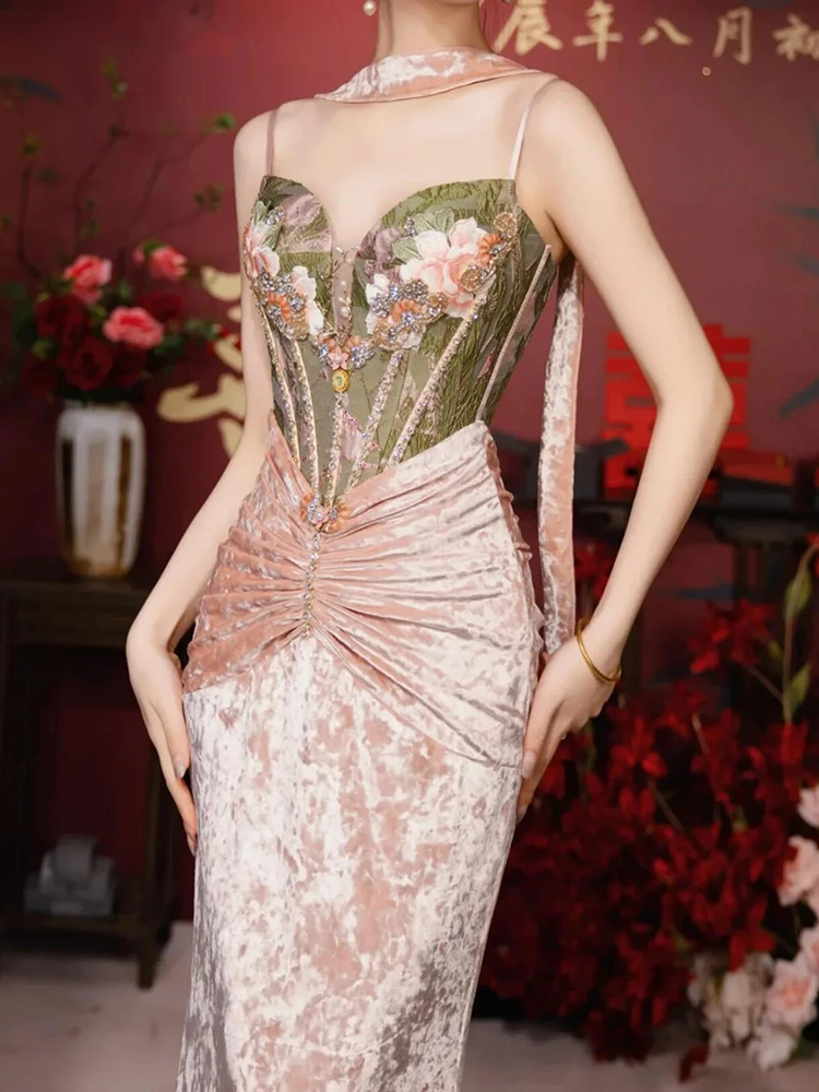 

Новое китайское роскошное свадебное платье-халат 2025 года, тяжелое, с рукавами, для помолвки, винтажное, длинное, с юбкой