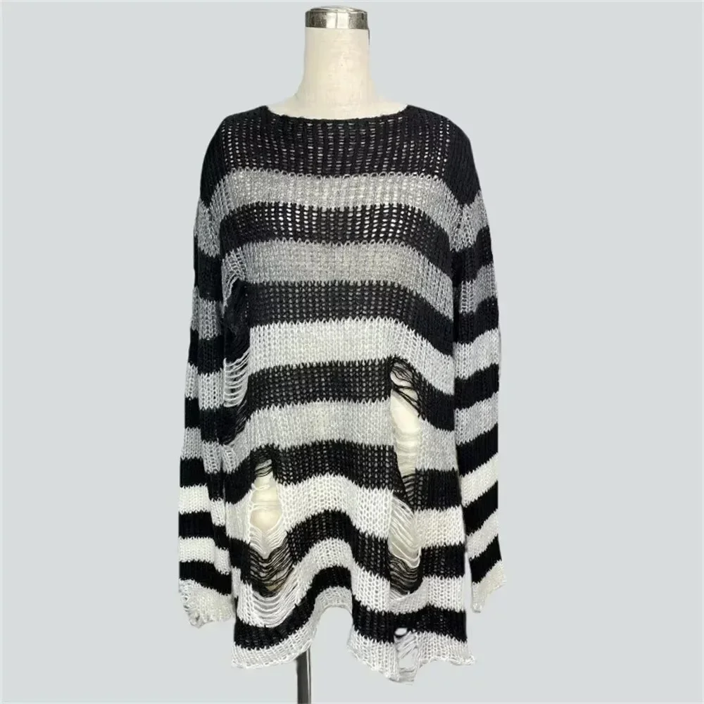 Sweter Rajut Bergaris Pelangi Pulover Tertekan Grunge Gotik Pakaian Rajut Berongga Robek Y2K Jumper Jersey Atasan Lengan Panjang Wanita