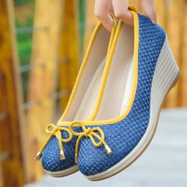 Single Shoe Female National Style Old Beijing Cloth Shoes Linen Embroidered Shoes Slope Heel Retro Women's Shoes Platform Heels