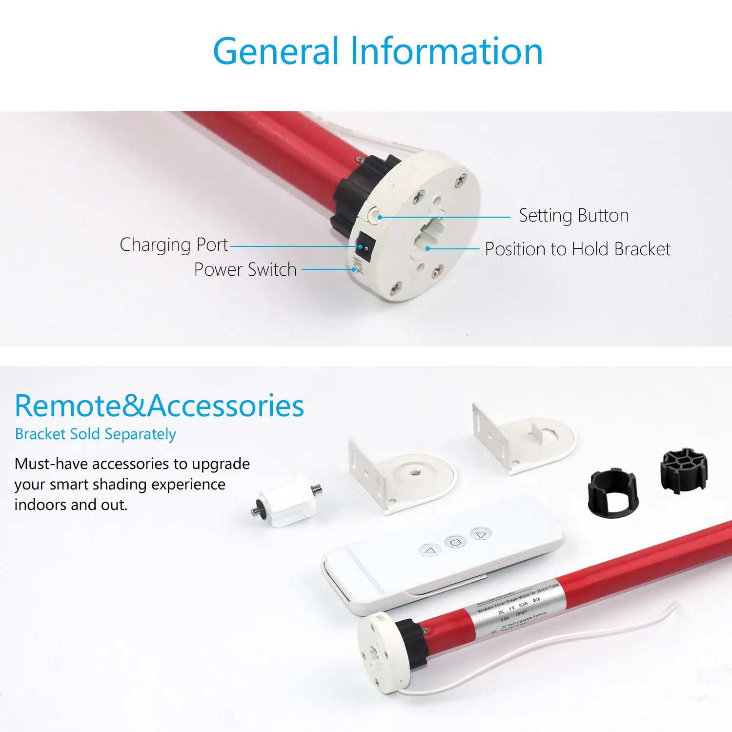 ERB16-Kit motore tenda a rullo batteria con telecomando per tubo parasole da 28 mm, adattatore spina Tende intelligenti ad energia solare fai-da-te