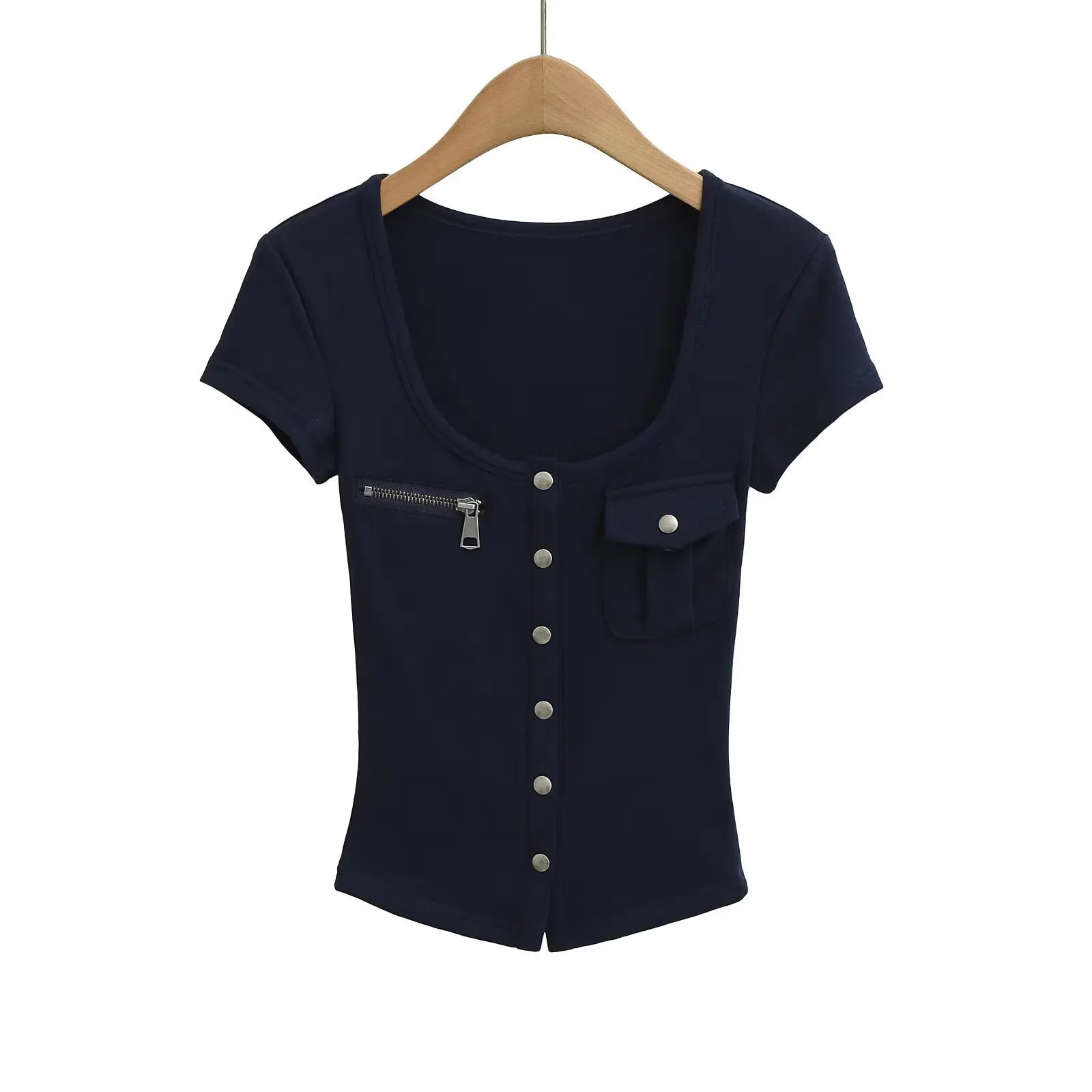 Pocket design single-breasted short-sleeve T-shirt for women summer  new model large U-neck slim fit sexy hot girl short S9
