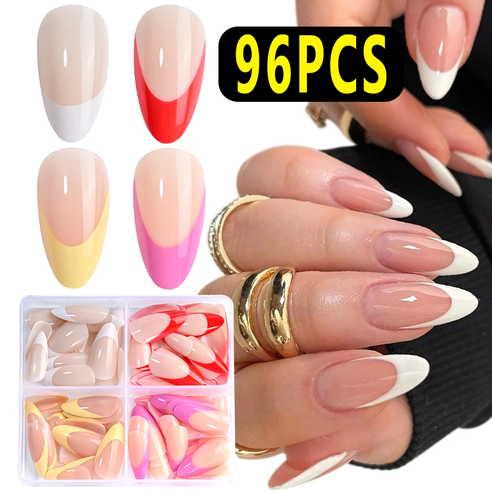 96Pcs 4-Colors French Almond False Nail Tip Full Cover Press On Nails Tips Red White Yellow Edge Purple Wearable Fake Fingertips