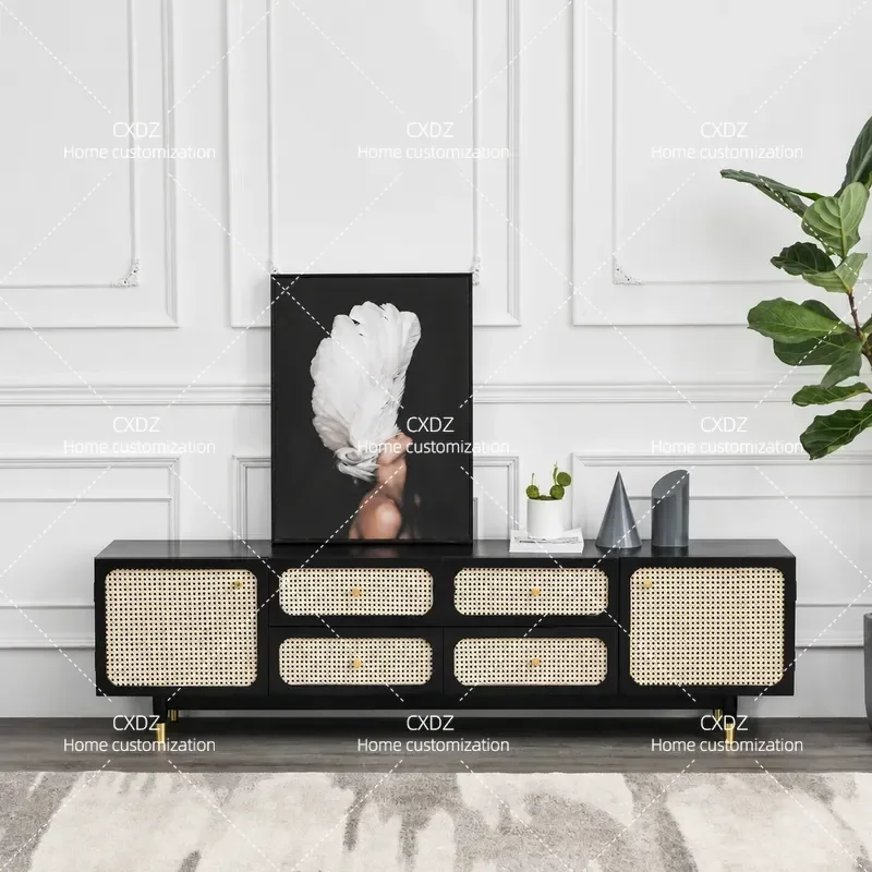 Nordic Solid Wood Rattan TV Cabinet Modern Living Room Light Luxury Audio Visual Storage Cabinet Simple Household Floor
