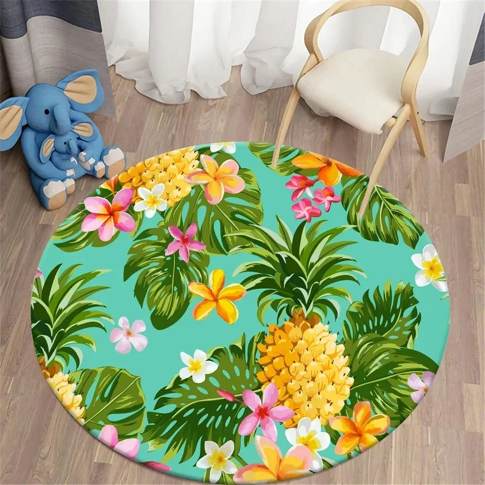 Hawaiian Tropical Leaves Round Carpet – Non-Slip Area Rug for Living Room, Chair, Balcony, Bedside, Sofa Floor Mat, Home Decor
