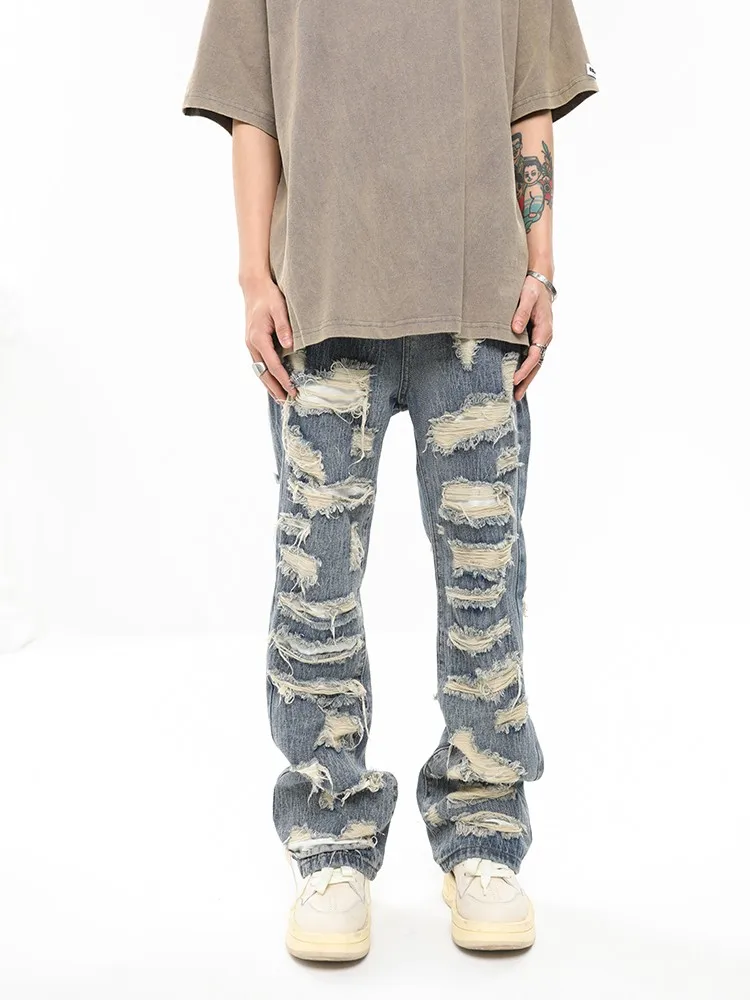

American Retro Heavy Du Ripped Patch Design Jeans High Street Loose Straight Casual Jeans Youth Trend Spring Wear