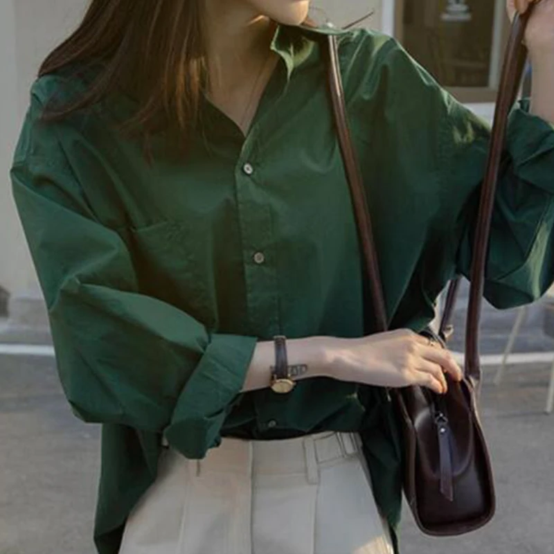 Primavera Verano cuello Polo botones verdes blusa Simple elegante moda Top de manga larga mujeres Vintage sólido todo-fósforo cárdigan camisa