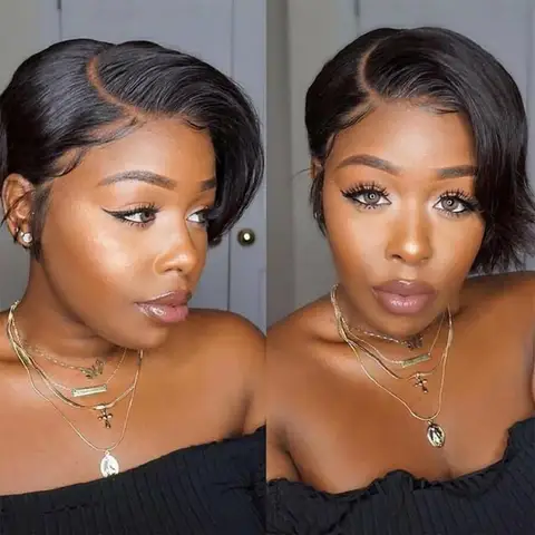 hort Lace Front Wigs for Black Women Human Hair Pixie Cut Wig Pre Plucked T Part Lace
