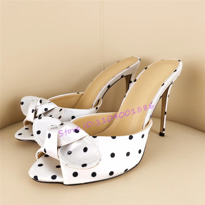 

White Satin Polka Dot High Heels Slippers Elegant Sexy Peep Toe Knotted Stiletto Heel Sandals Brand Design Summer Women Mules