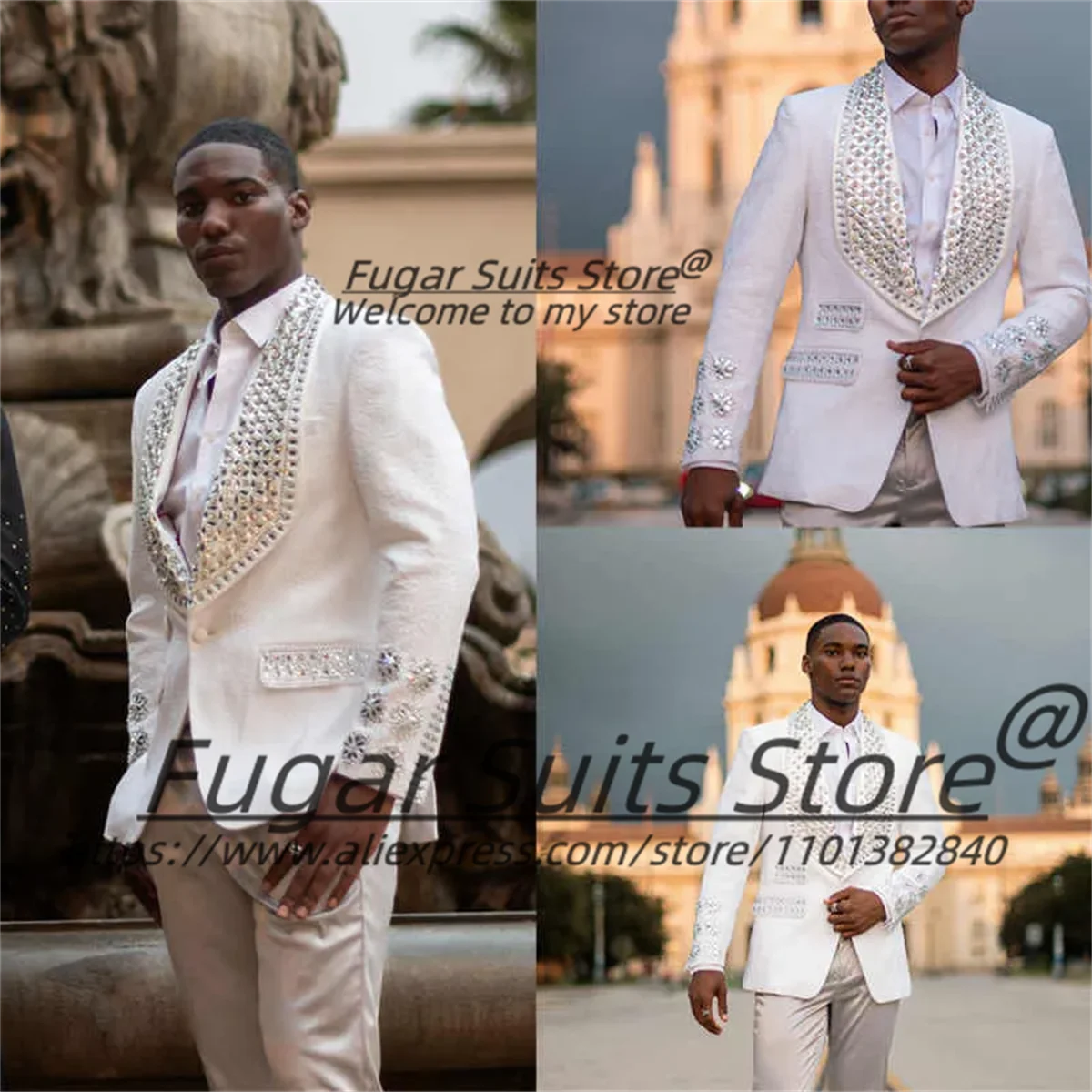 

Royal Crystal High-end Men Suits Customized Slim Fit Shawl Lapel Groom Wedding Tuxedos 2 Pcs Sets Male Prom Blazers Ropa Hombre
