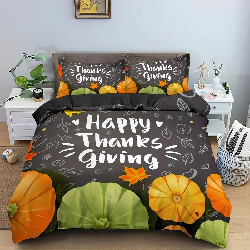 

2025 Luxury New 3D Print Autumn Thanksgiving Day Duvet Cover King Queen Cartoon Orange Pumpkin Turkey Bedding Set Maple Leaves