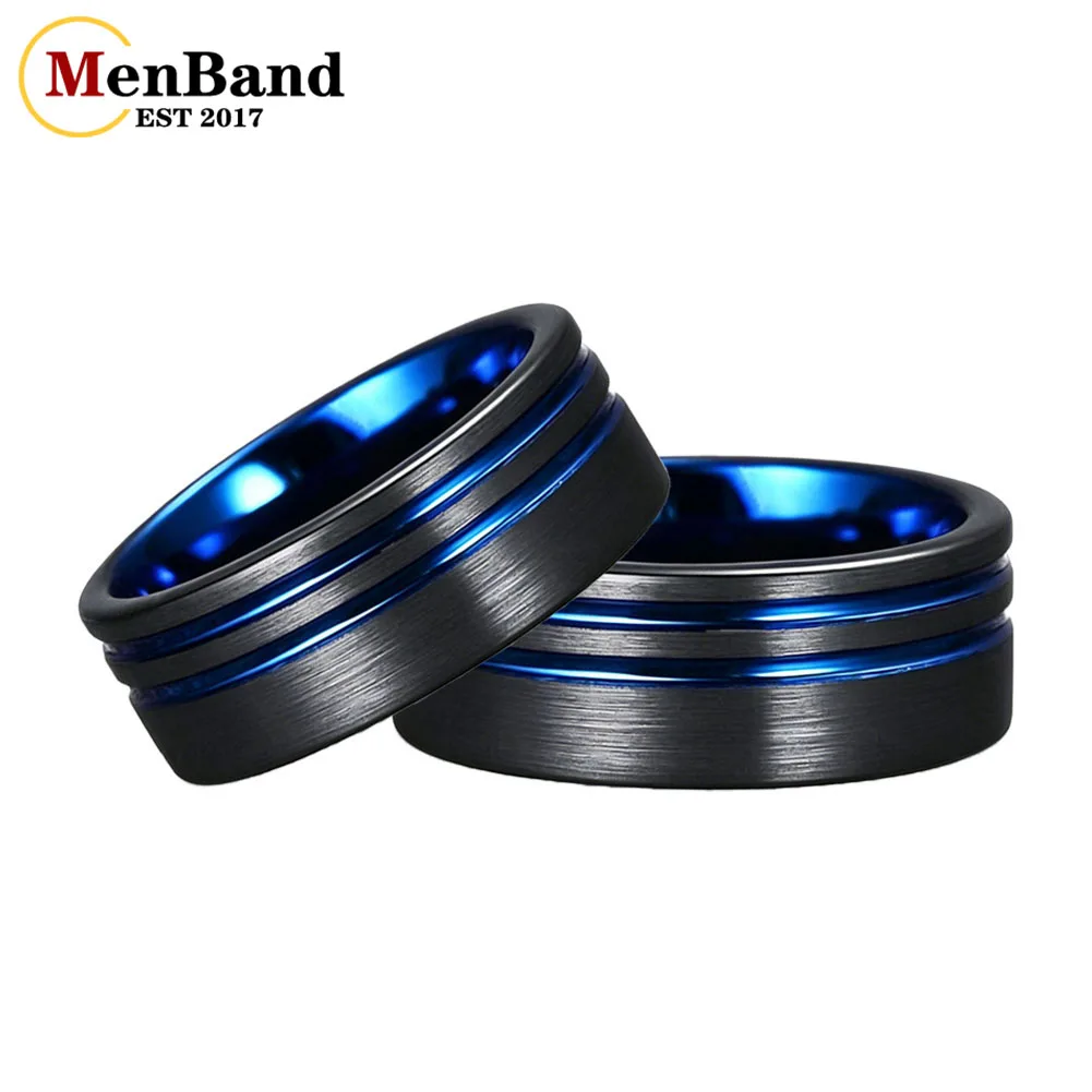 8mm Black Tungsten Carbide Wedding Band for Men, Brushed Finish with Double Blue Groove Lines, Mens Anniversary Jewelry