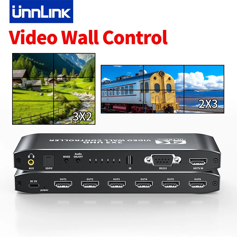 Unnlink 4K Video Wall Controller 2x3 3x2 1x6 1x5 1x4 1x3 1x2 2x1 3x1 4x1 5x1 6x1 2x2 TV Splicing Display with Remoter RS232