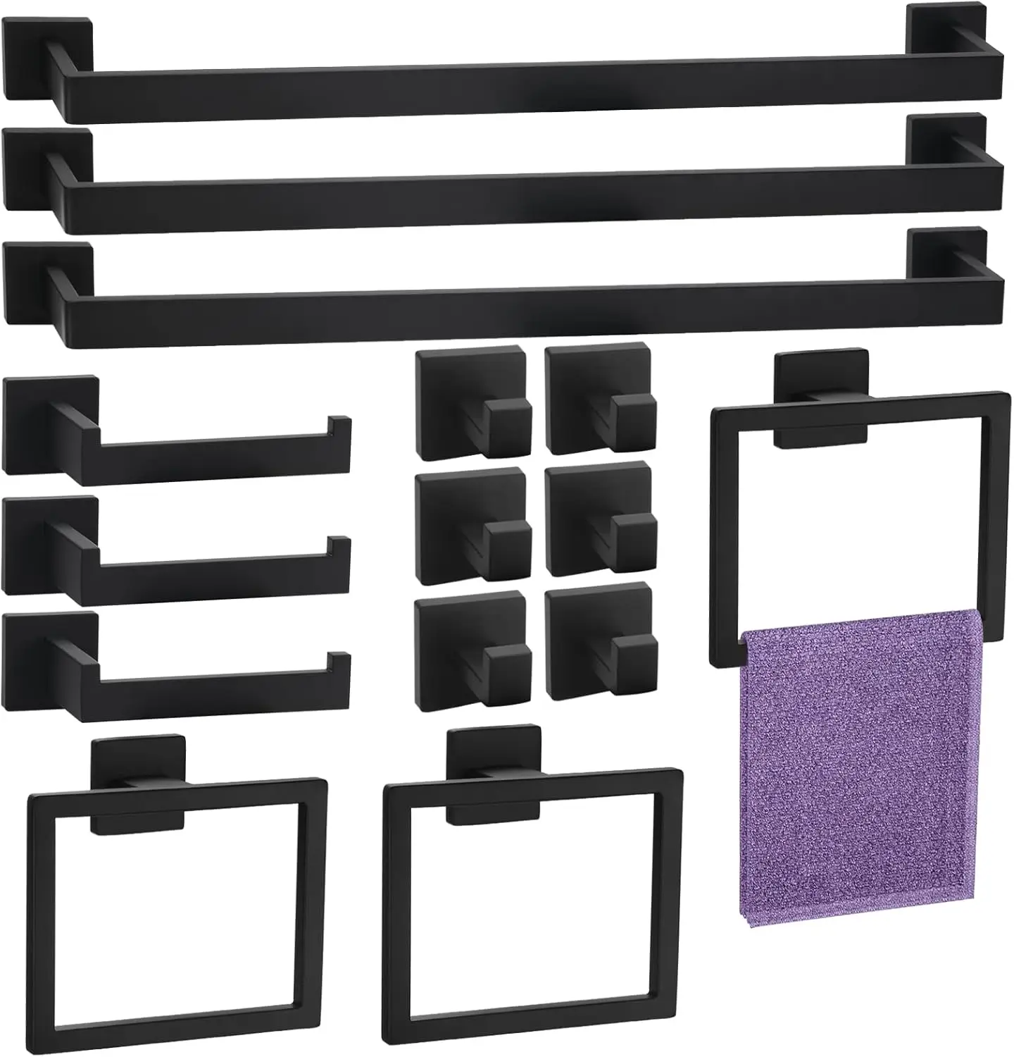 

15-Piece Bathroom Set. Matte Black. 23.6" Towel Bar, Racks, Paper Holder, Ring, Hook. Stainless Steel. Wall-Mounted.